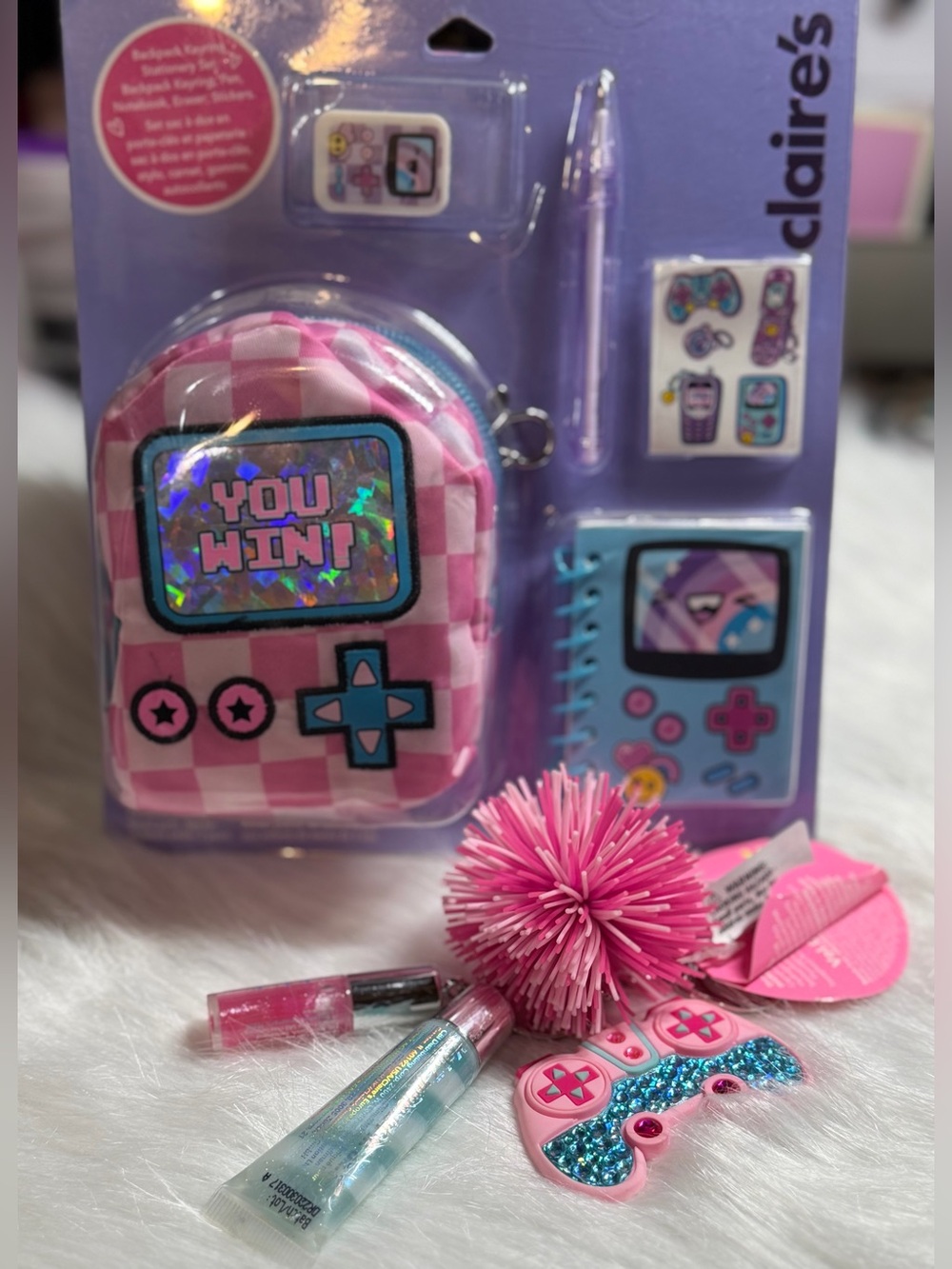 Claire's Mini Backpack Stationery Set & double lip gloss Kush ball bag Charm